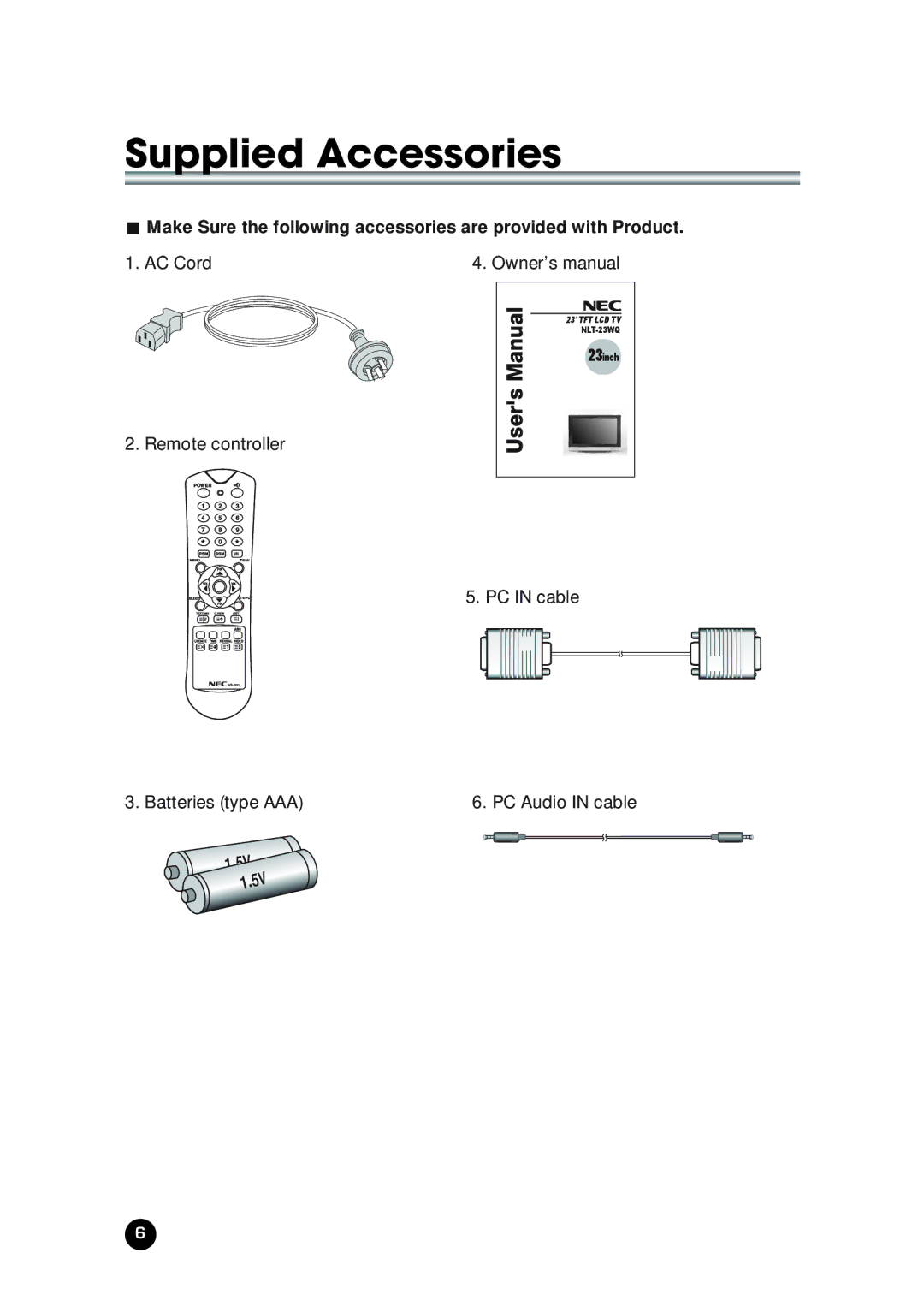 NEC NLT-23WQ user manual Supplied Accessories 