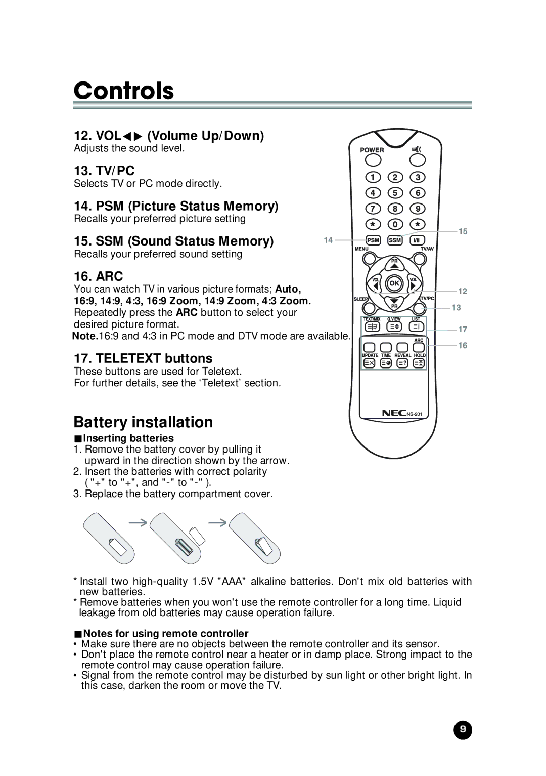 NEC NLT-23WQ user manual Battery installation, UInserting batteries, UNotes for using remote controller 