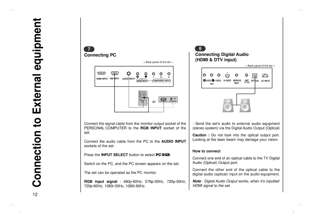 NEC NLT-32HD1, NLT-26HD1 Connection to External equipment, Connecting PC, Connecting Digital Audio Hdmi & DTV input 