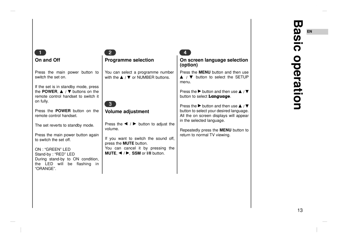 NEC NLT-26HD1 Basic operation, On and Off, Programme selection, Volume adjustment, On screen language selection option 