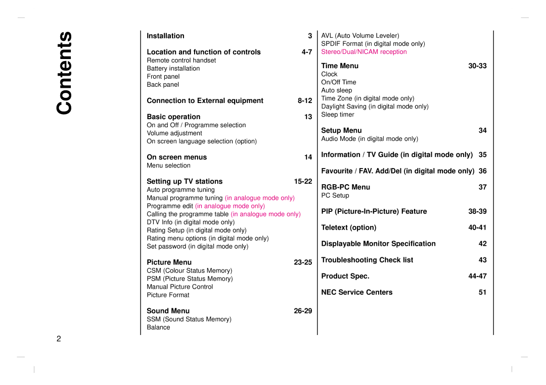 NEC NLT-42HD1, NLT-32HD1, NLT-26HD1 owner manual Contents 