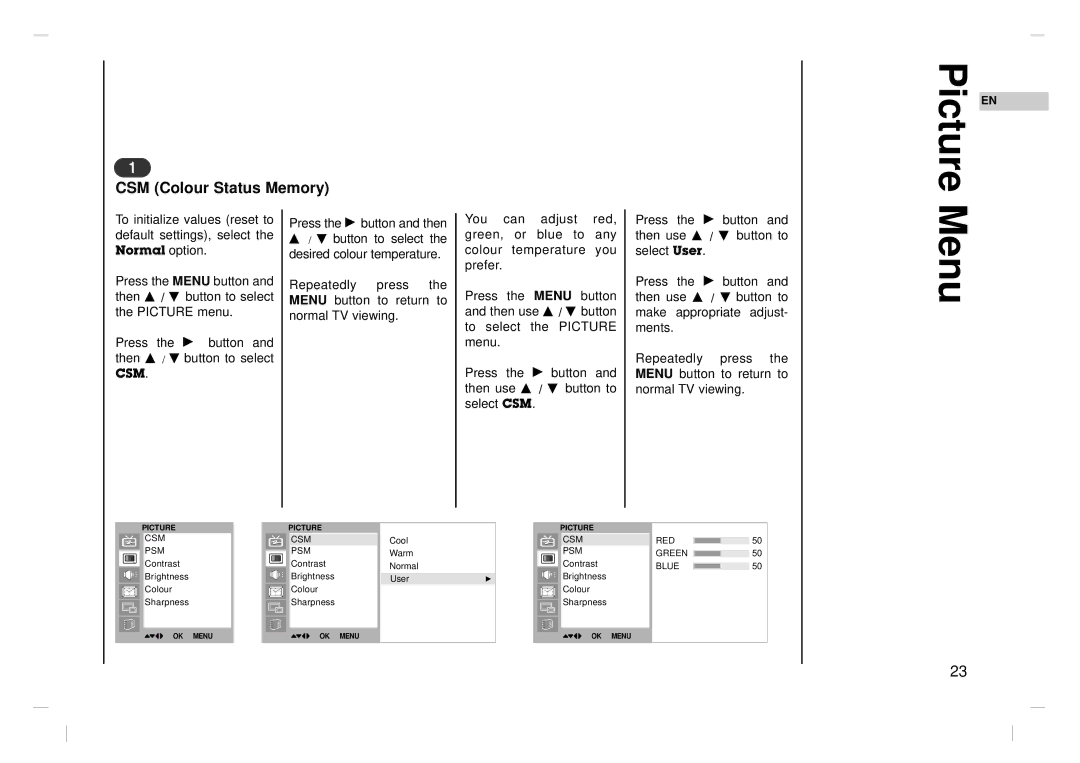 NEC NLT-42HD1, NLT-32HD1, NLT-26HD1 owner manual Picture, Menu, CSM Colour Status Memory 