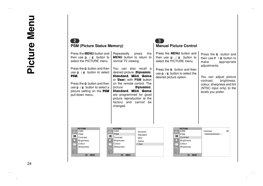 NEC NLT-32HD1, NLT-26HD1, NLT-42HD1 owner manual PSM Picture Status Memory Manual Picture Control 