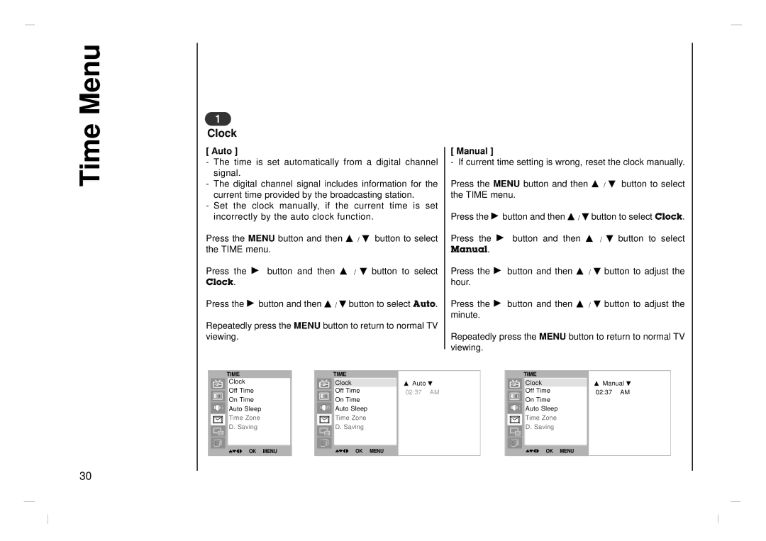 NEC NLT-32HD1, NLT-26HD1, NLT-42HD1 owner manual Time Menu, Clock, Auto, Manual 