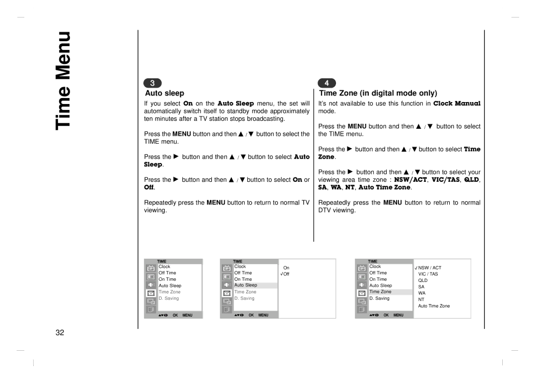 NEC NLT-42HD1, NLT-32HD1, NLT-26HD1 owner manual Auto sleep Time Zone in digital mode only 