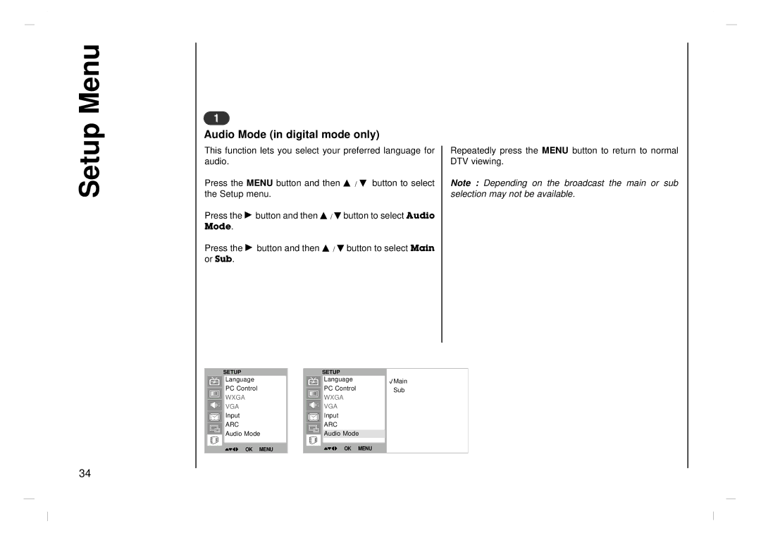 NEC NLT-26HD1, NLT-32HD1, NLT-42HD1 owner manual Setup Menu, Audio Mode in digital mode only 