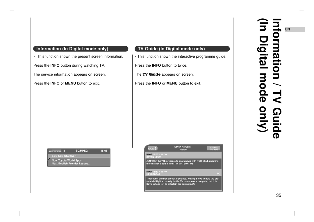 NEC NLT-42HD1, NLT-32HD1, NLT-26HD1 owner manual Digital mode only Information / TV Guide, Information In Digital mode only 