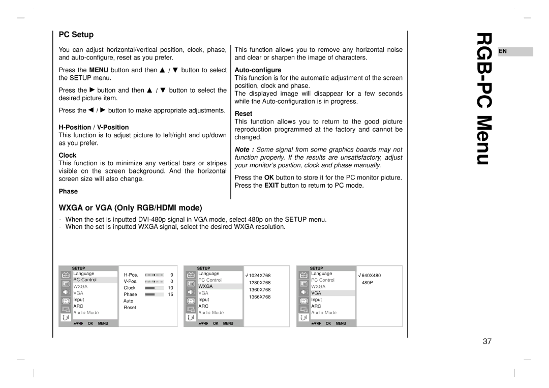 NEC NLT-26HD1, NLT-32HD1, NLT-42HD1 owner manual RGB-PC Menu, PC Setup, Wxga or VGA Only RGB/HDMI mode 