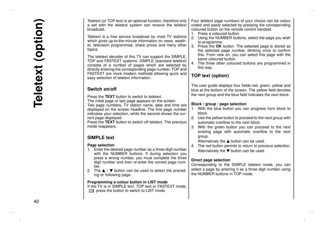 NEC NLT-26HD1, NLT-32HD1, NLT-42HD1 owner manual Teletext option, Switch on/off, Simple text, TOP text option 