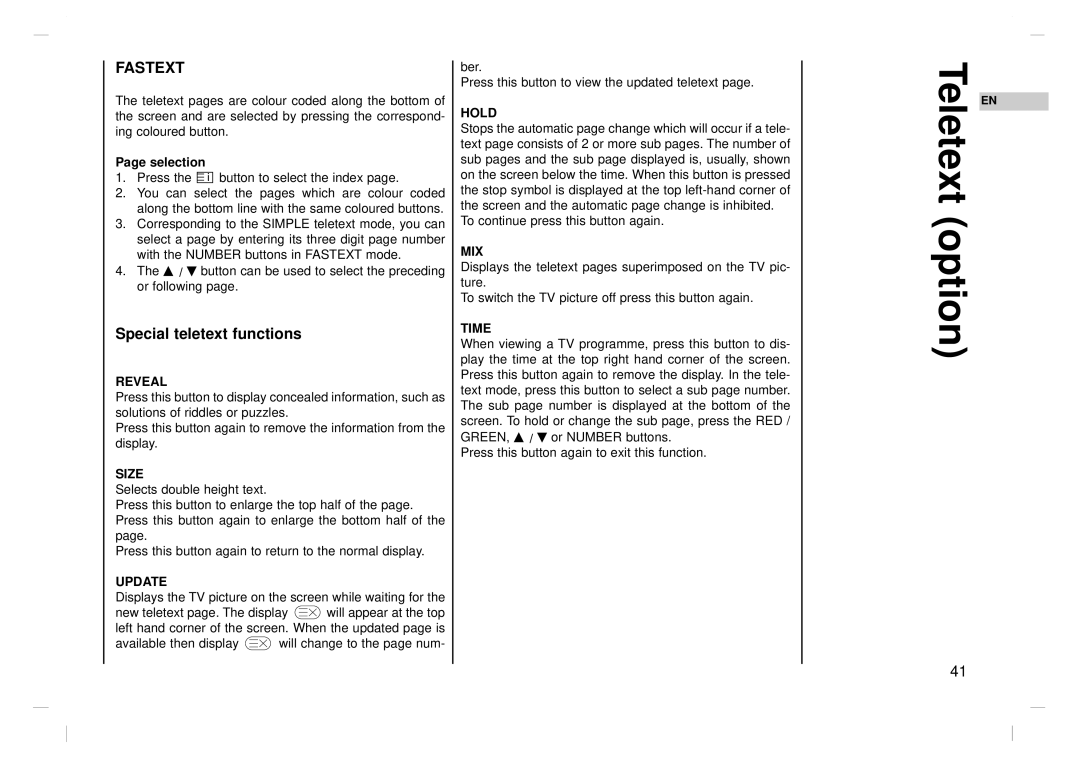 NEC NLT-42HD1, NLT-32HD1, NLT-26HD1 owner manual Fastext, Special teletext functions 