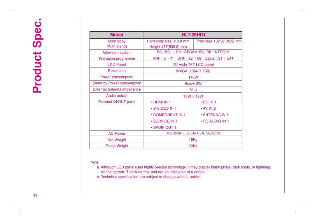 NEC NLT-42HD1, NLT-32HD1, NLT-26HD1 owner manual Product Spec 