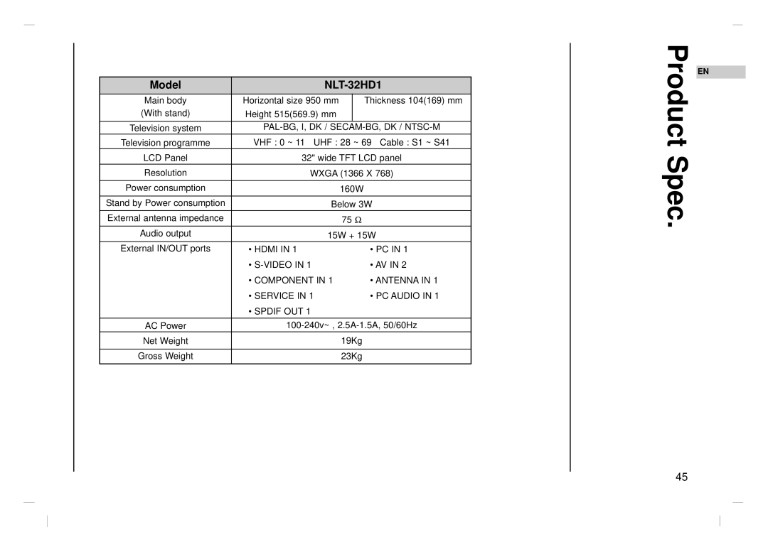 NEC NLT-32HD1, NLT-26HD1, NLT-42HD1 owner manual Product Spec, Model 