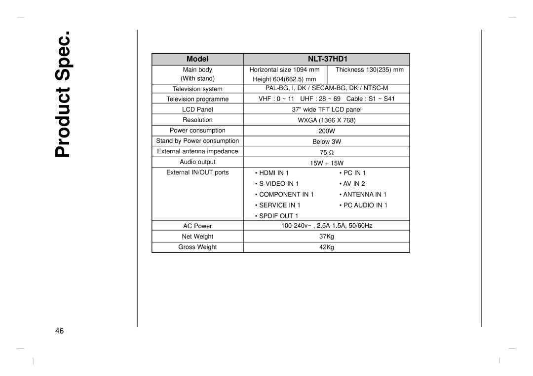 NEC NLT-26HD1, NLT-32HD1, NLT-42HD1 owner manual NLT-37HD1 