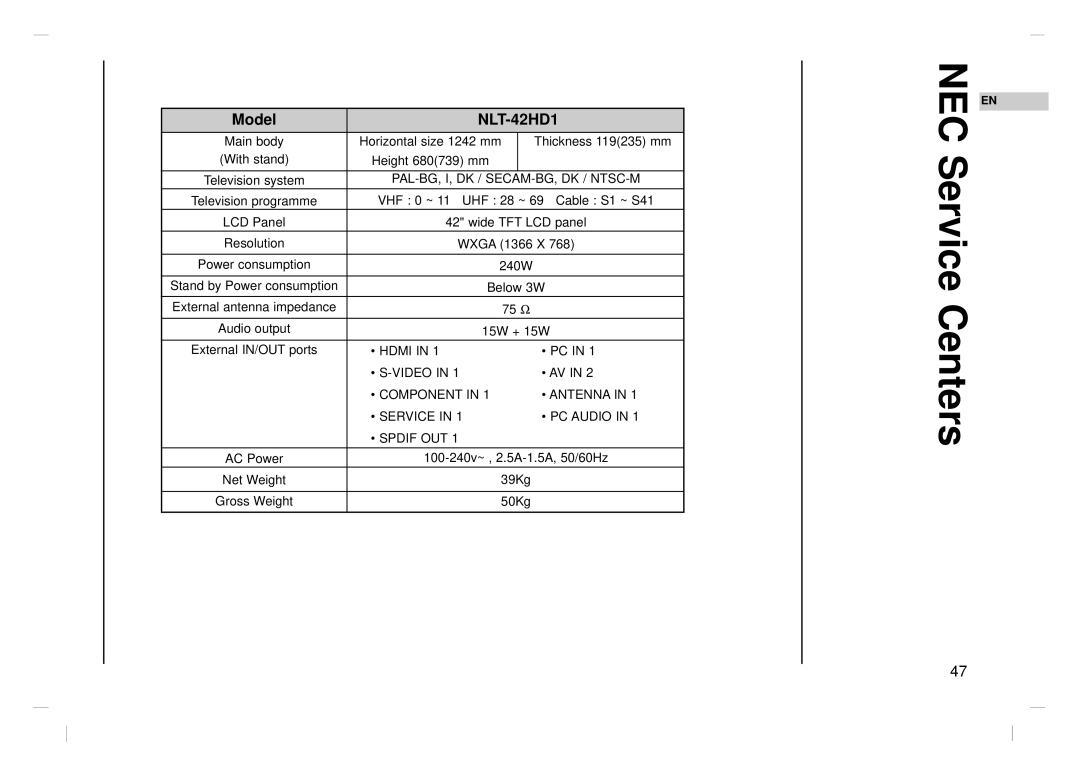 NEC NLT-42HD1, NLT-32HD1, NLT-26HD1 owner manual NEC Service Centers 