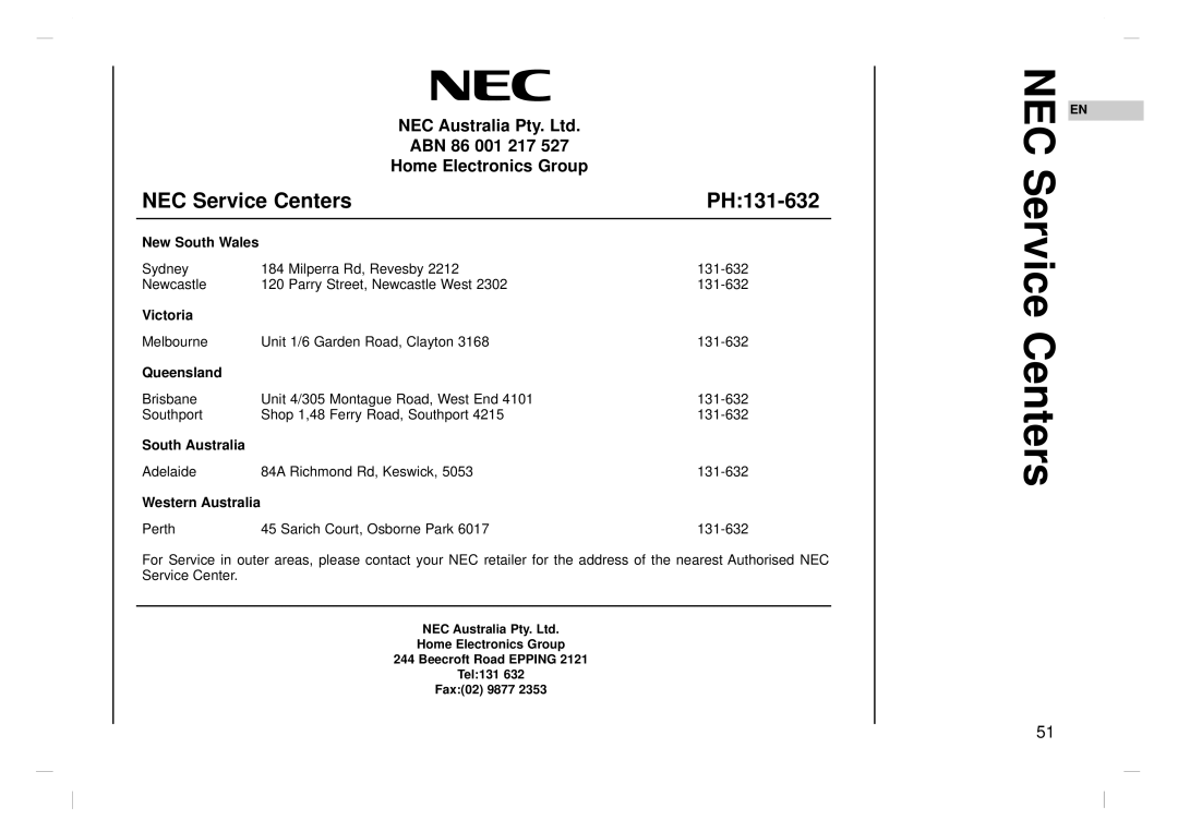 NEC NLT-32HD1, NLT-26HD1, NLT-42HD1 owner manual ABN 86 001 217 Home Electronics Group 