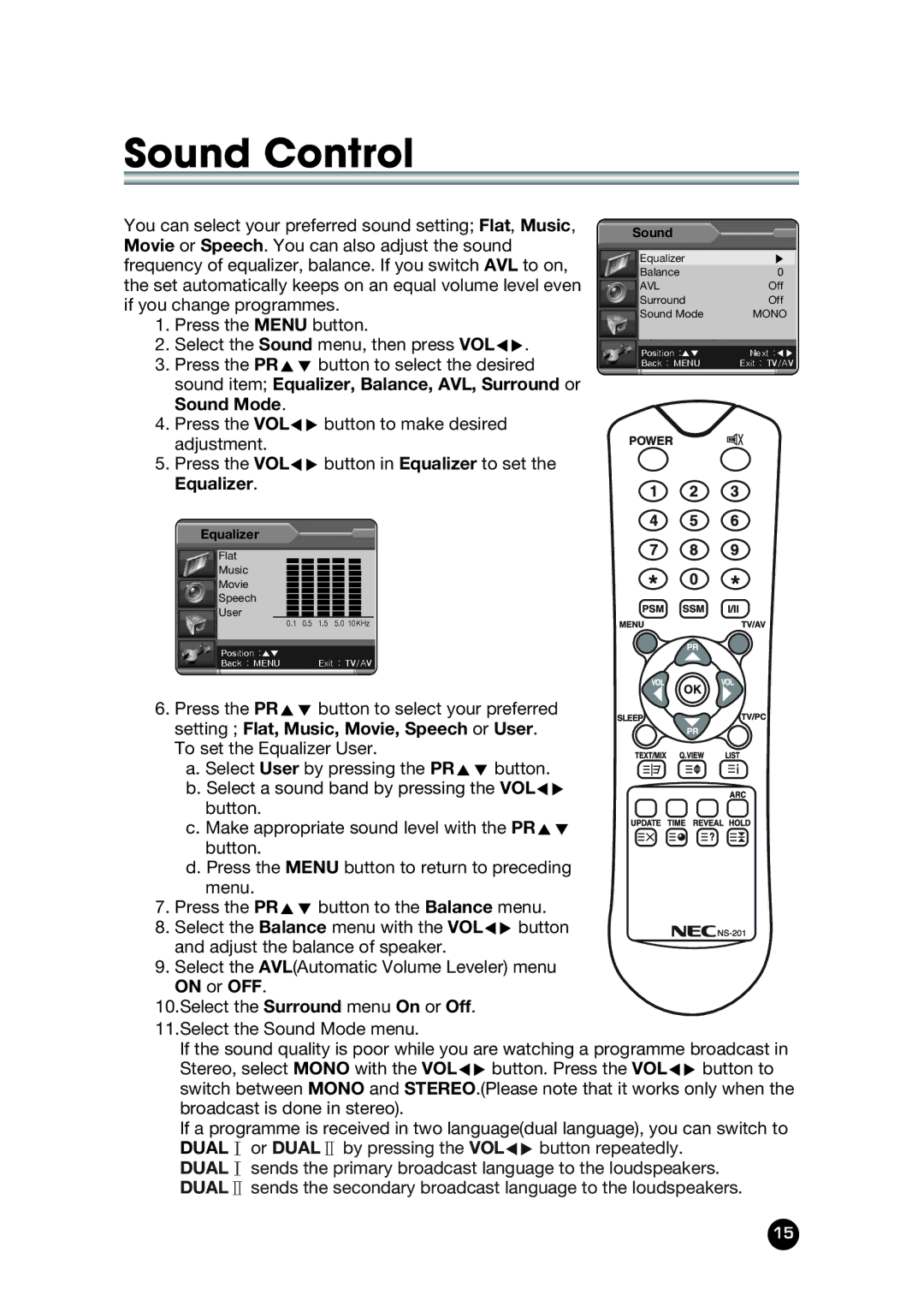 NEC NLT-32W manual Sound Control 