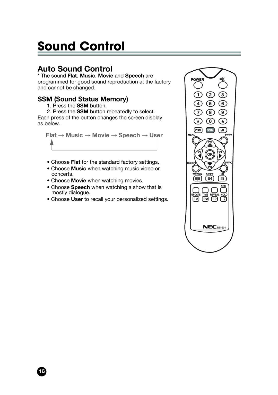 NEC NLT-32W manual Auto Sound Control, Flat → Music → Movie → Speech → User 