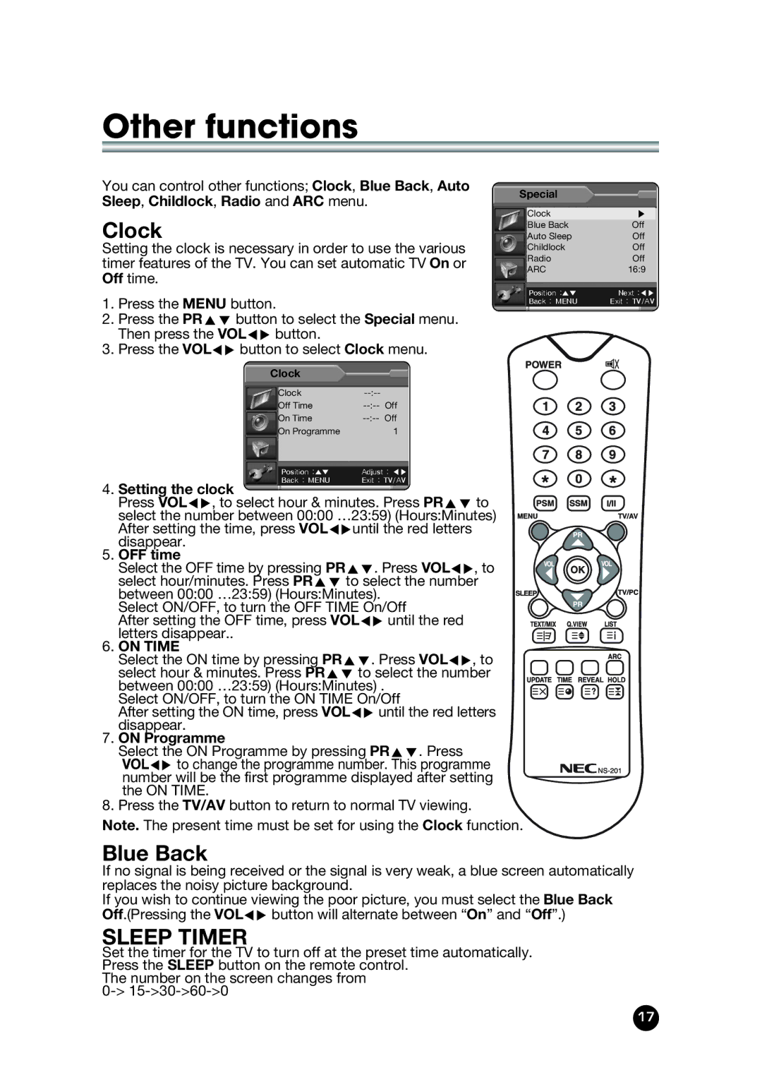 NEC NLT-32W manual Other functions, Clock, Blue Back, Sleep Timer 