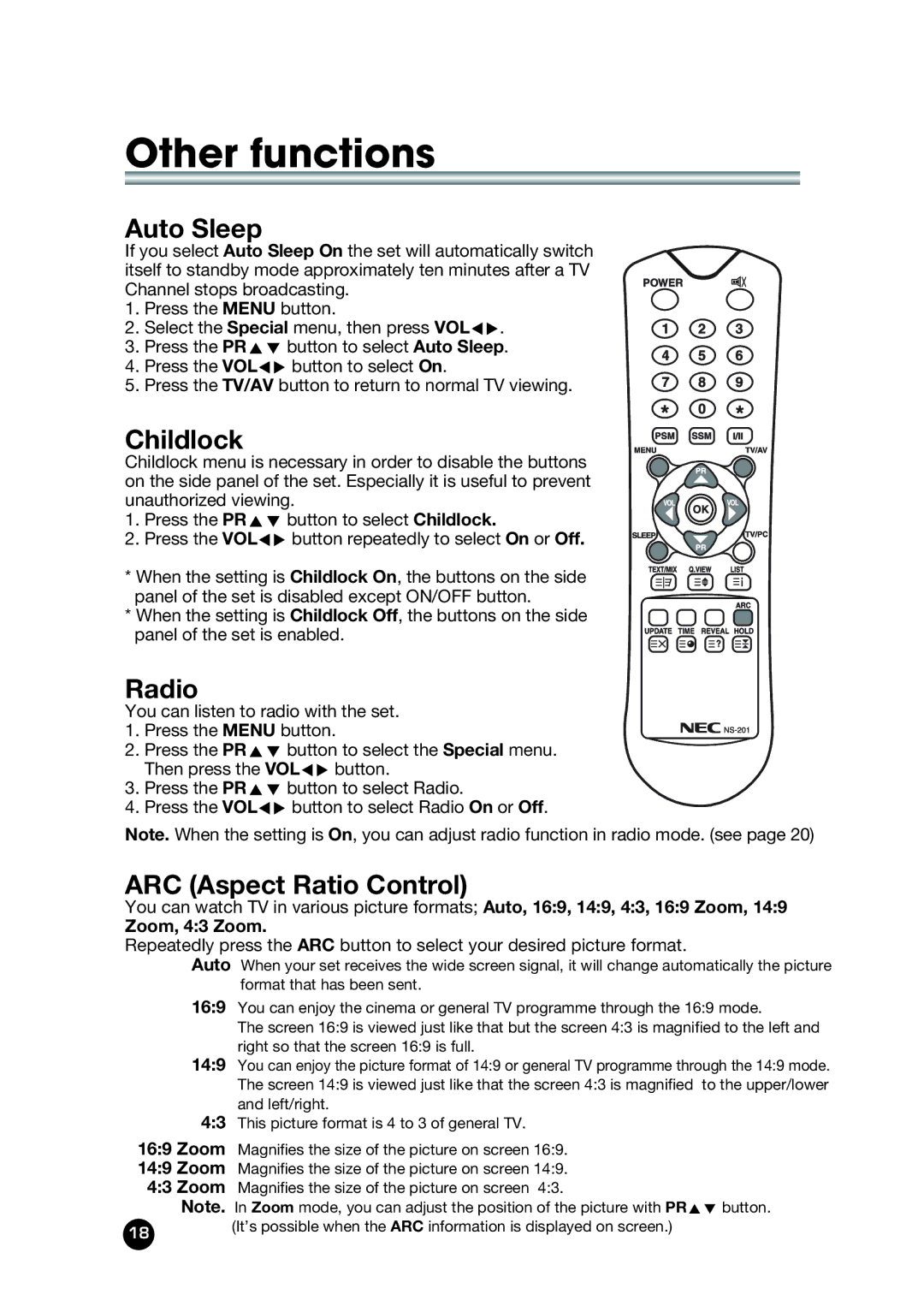 NEC NLT-32W manual Auto Sleep, Childlock, Radio, ARC Aspect Ratio Control, Zoom, 43 Zoom 