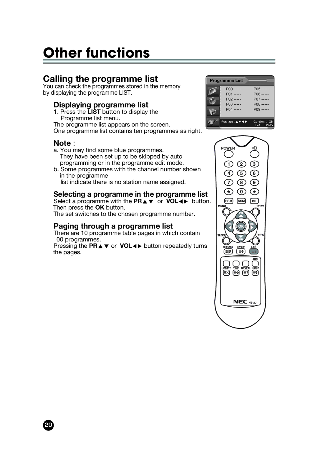 NEC NLT-32W manual Calling the programme list, Displaying programme list 