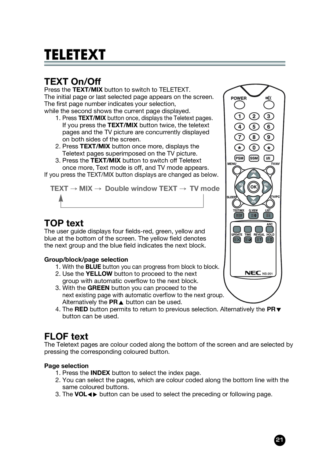 NEC NLT-32W manual Text On/Off, TOP text, Flof text, Group/block/page selection, Selection 