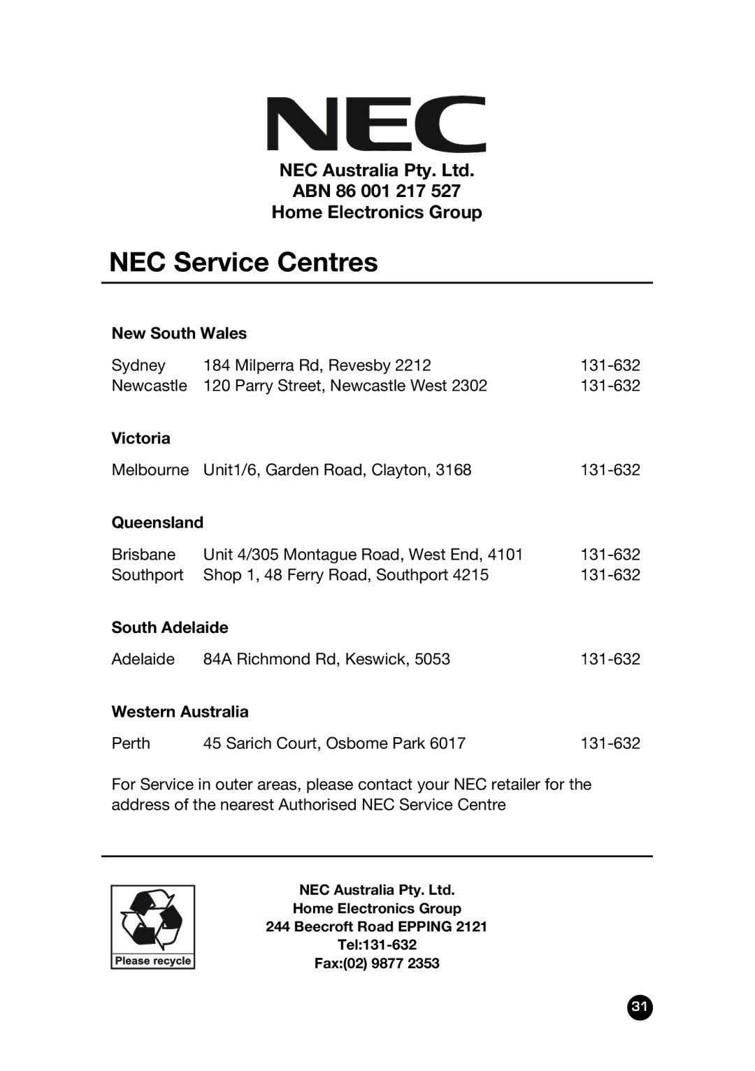 NEC NLT-32W manual NEC Service Centres 