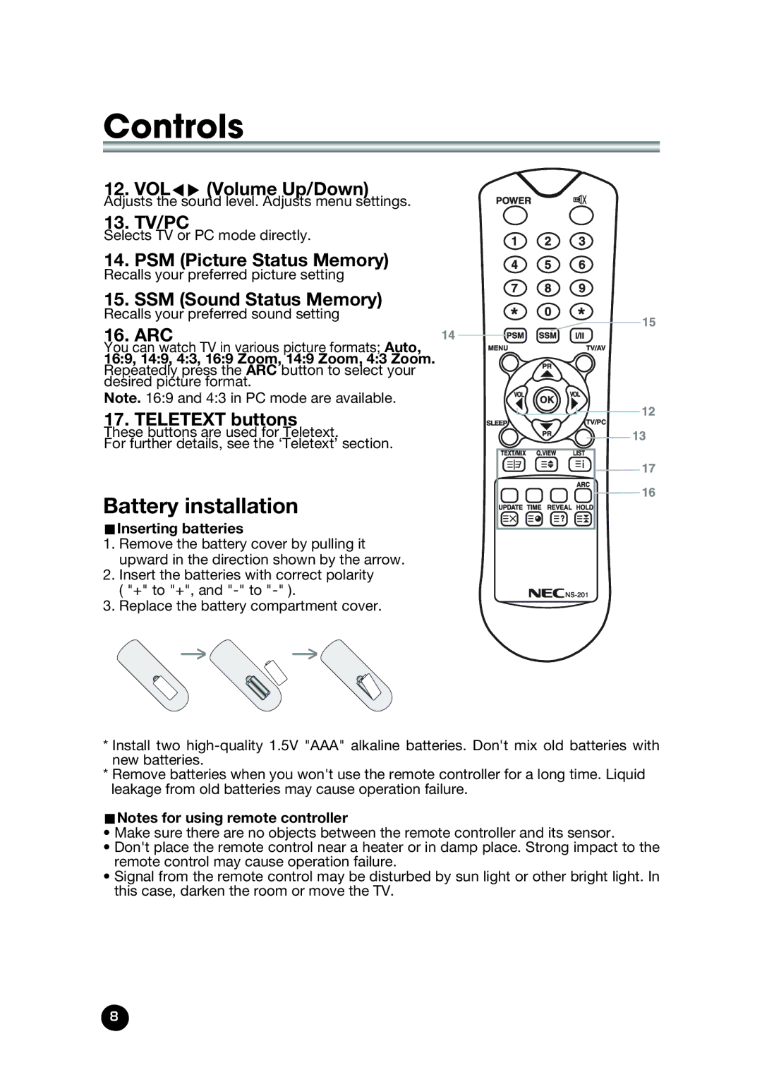 NEC NLT-32W manual Battery installation, UInserting batteries, UNotes for using remote controller 