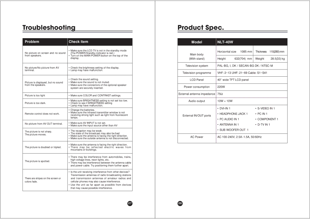 NEC NLT-40W owner manual Troubleshooting, Product Spec 