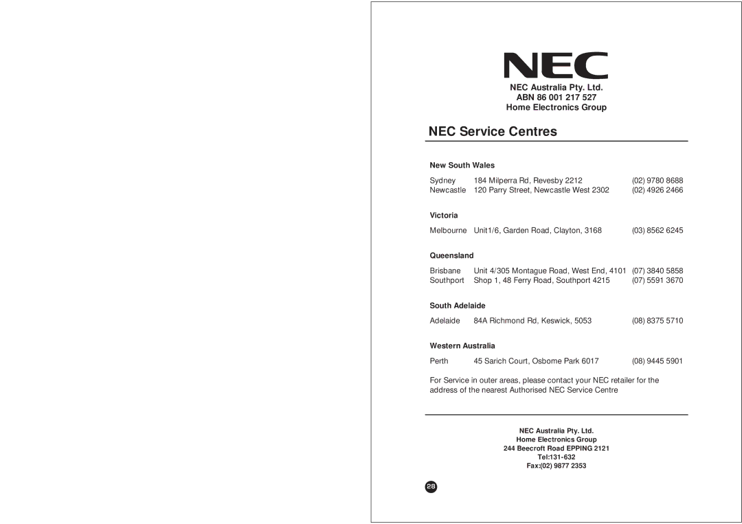 NEC NLT-40W owner manual NEC Service Centres 