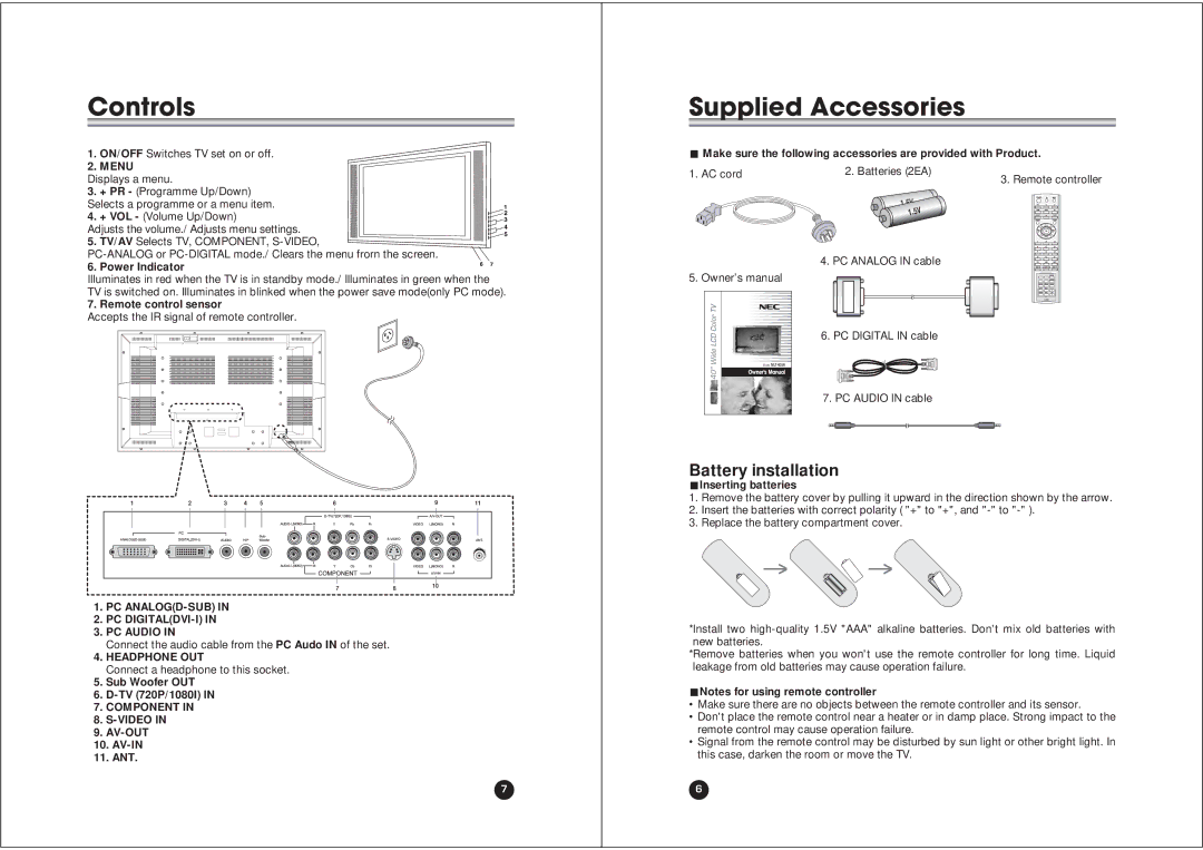 NEC NLT-40W owner manual Controls, Battery installation 