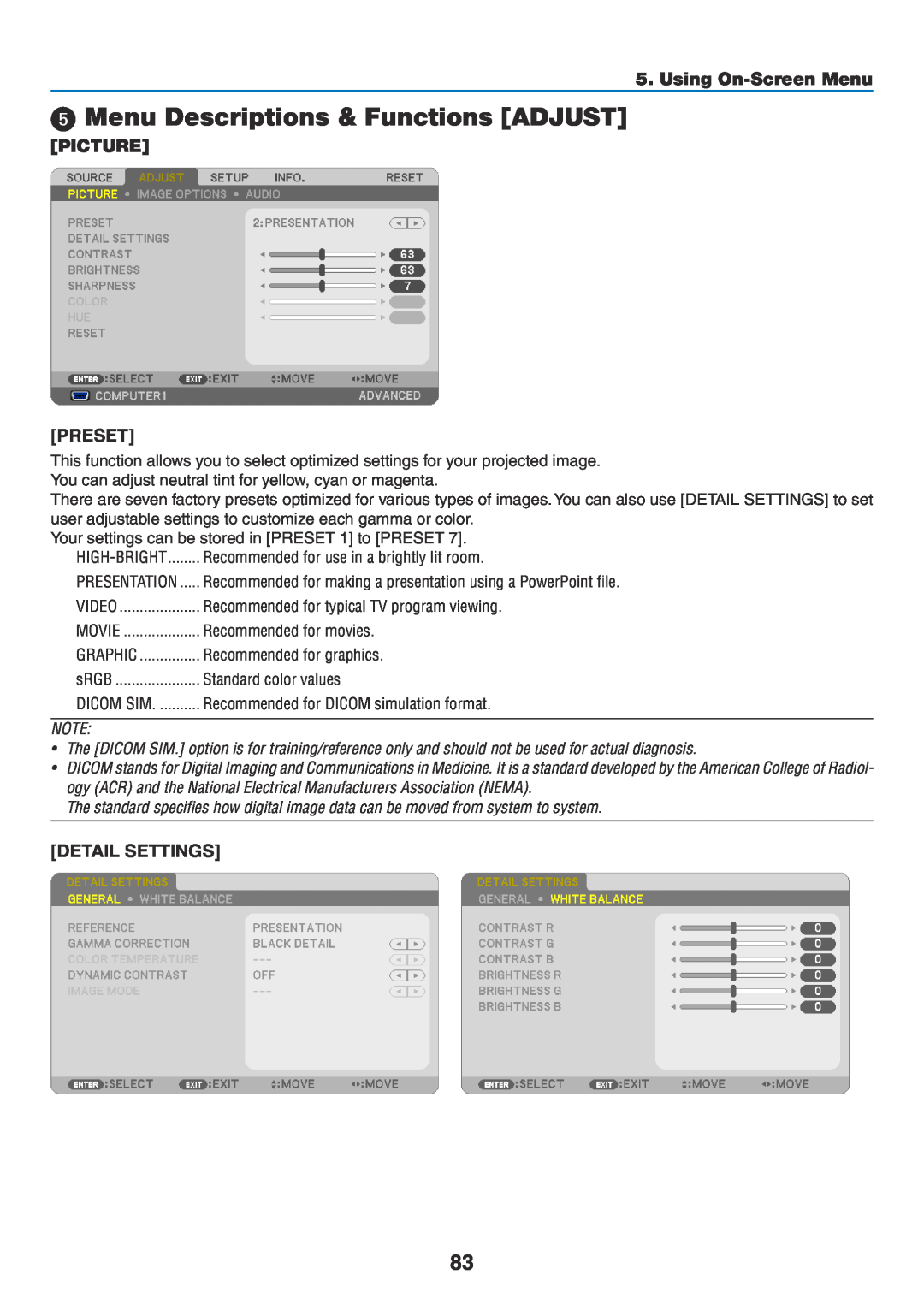 NEC NP-P350W, NP-P420X Menu Descriptions & Functions ADJUST, Picture, Preset, Detail Settings, Using On-Screen Menu 