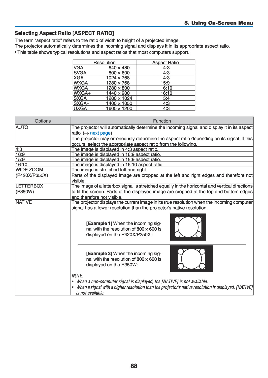 NEC NP-P350X, NP-P420X, NP-P350W user manual Selecting Aspect Ratio ASPECT RATIO, Using On-Screen Menu 