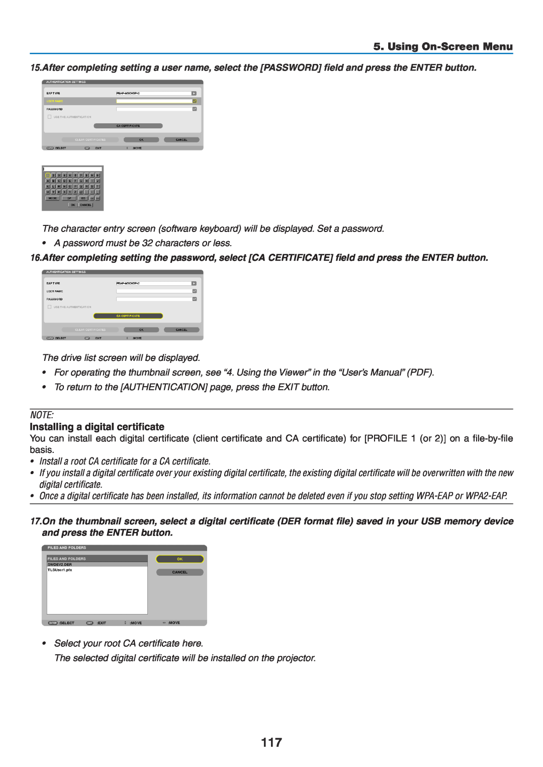 NEC NP-P420X, NP-P350X, NP-P350W user manual Using On-Screen Menu, Installing a digital certificate 