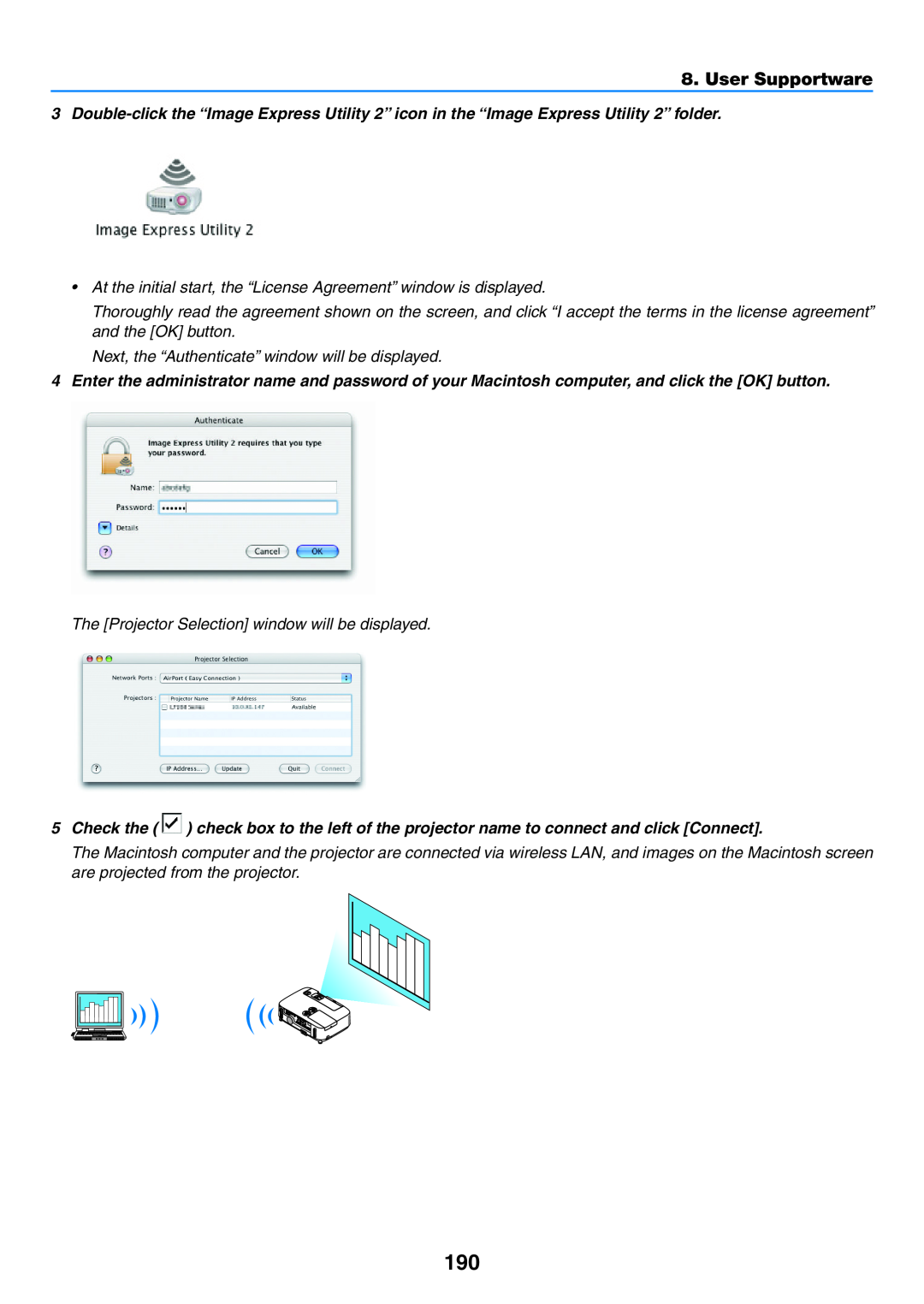 NEC NP-P350X, NP-P420X, NP-P350W User Supportware, At the initial start, the “License Agreement” window is displayed 
