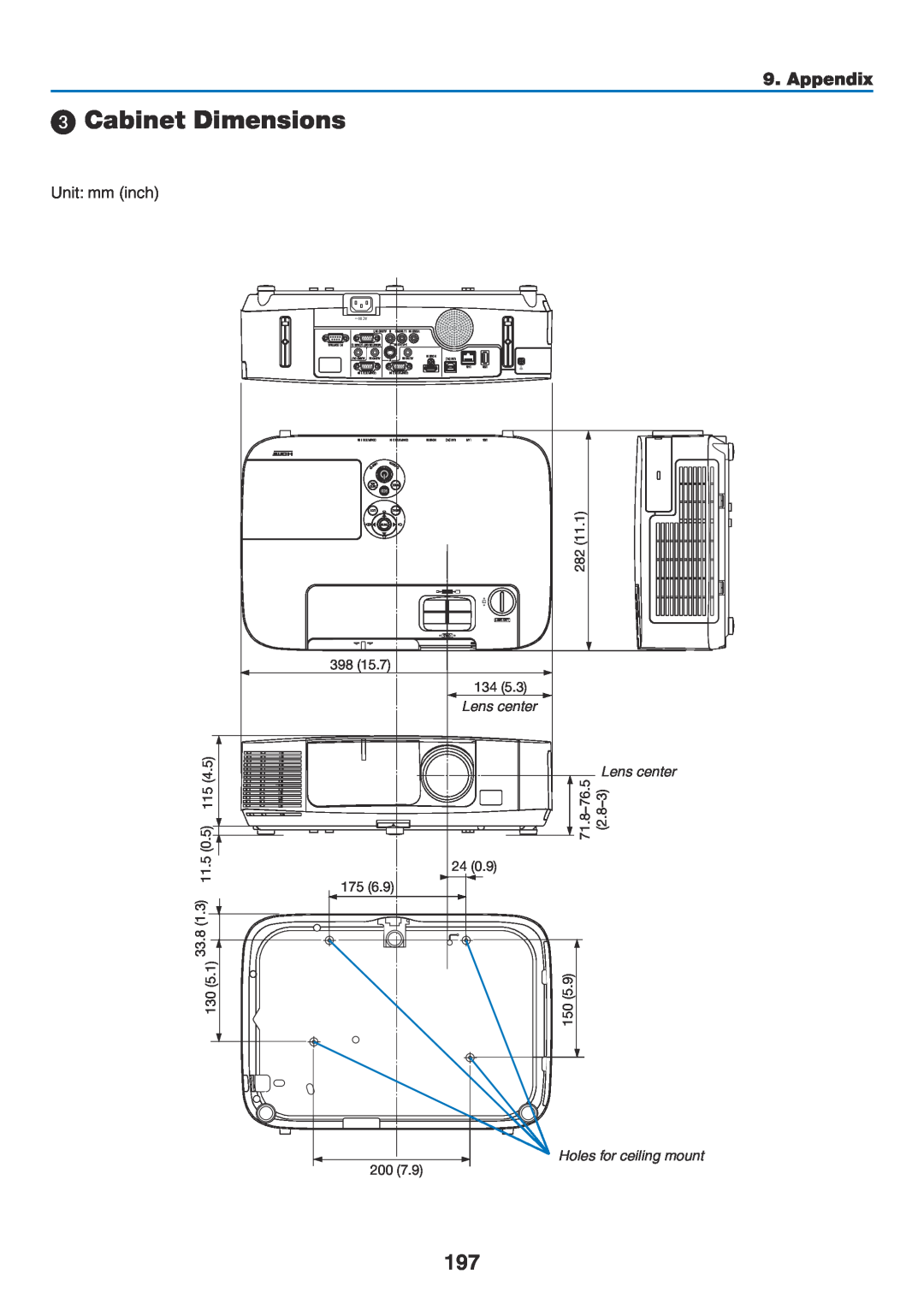 NEC NP-P350W, NP-P420X, NP-P350X user manual  Cabinet Dimensions, Appendix, Holes for ceiling mount, Lens center 