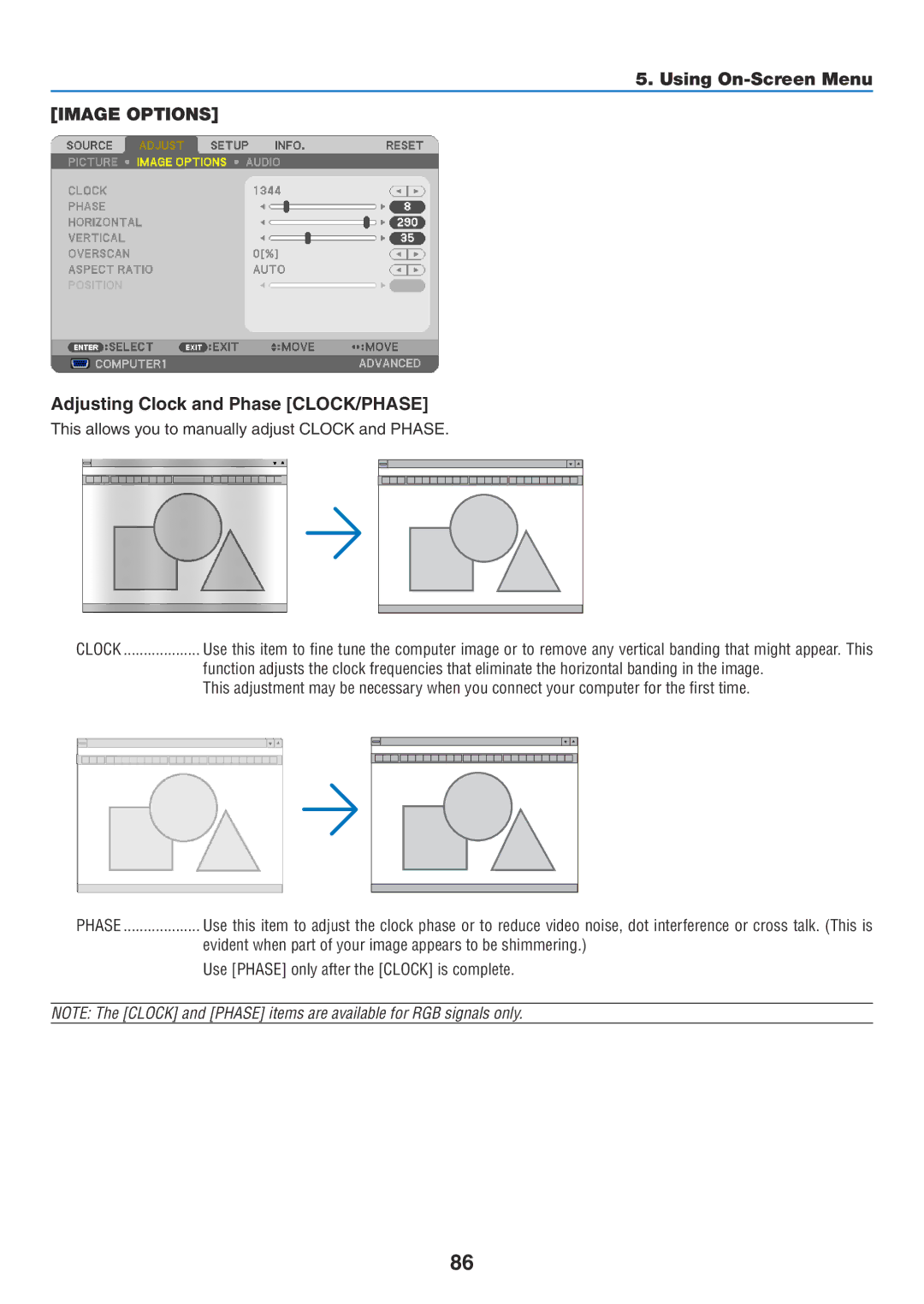 NEC NP-P350W Image Options, Adjusting Clock and Phase CLOCK/PHASE, This allows you to manually adjust Clock and Phase 