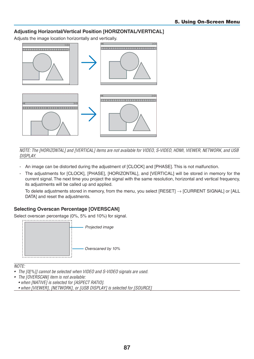 NEC NP-P420X, NP-P350X Selecting Overscan Percentage Overscan, Select overscan percentage 0%, 5% and 10% for signal 