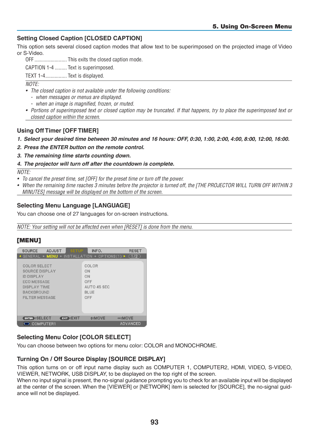 NEC NP-P420X, NP-P350X Using Off Timer OFF Timer, Selecting Menu Language Language, Selecting Menu Color Color Select 