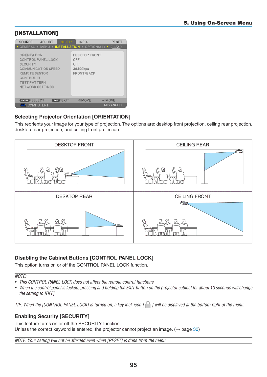 NEC NP-P350W Installation, Selecting Projector Orientation Orientation, Disabling the Cabinet Buttons Control Panel Lock 