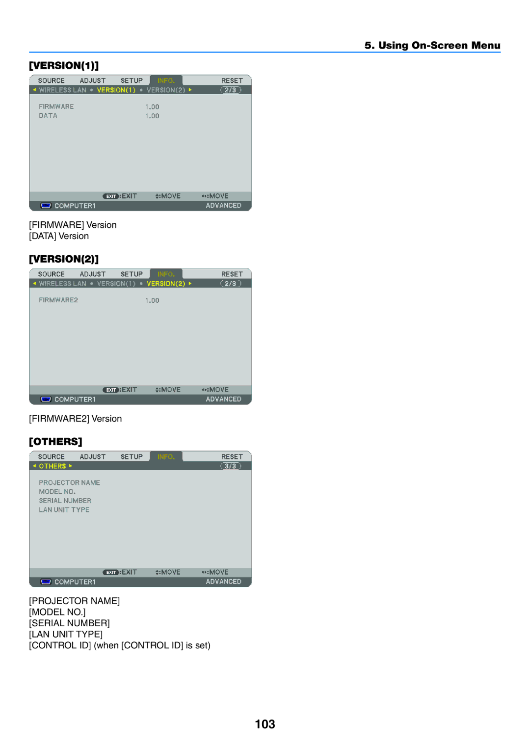 NEC NP-P350X, NP-P420X, NP-P350W 103, VERSION1, VERSION2, Others, Projector Name Model no Serial Number LAN Unit Type 