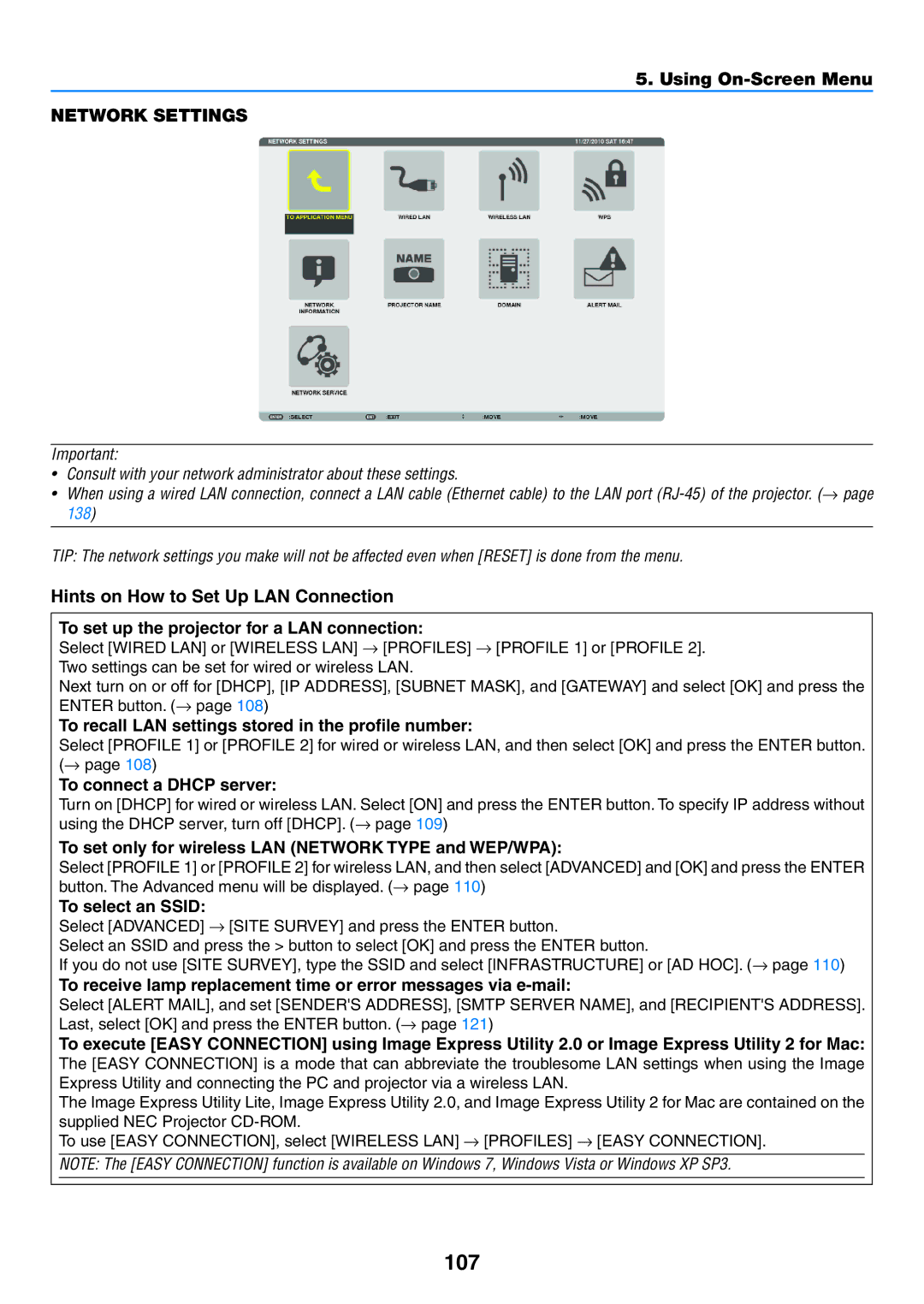 NEC NP-P350W 107, To recall LAN settings stored in the profile number, To connect a Dhcp server, To select an Ssid 