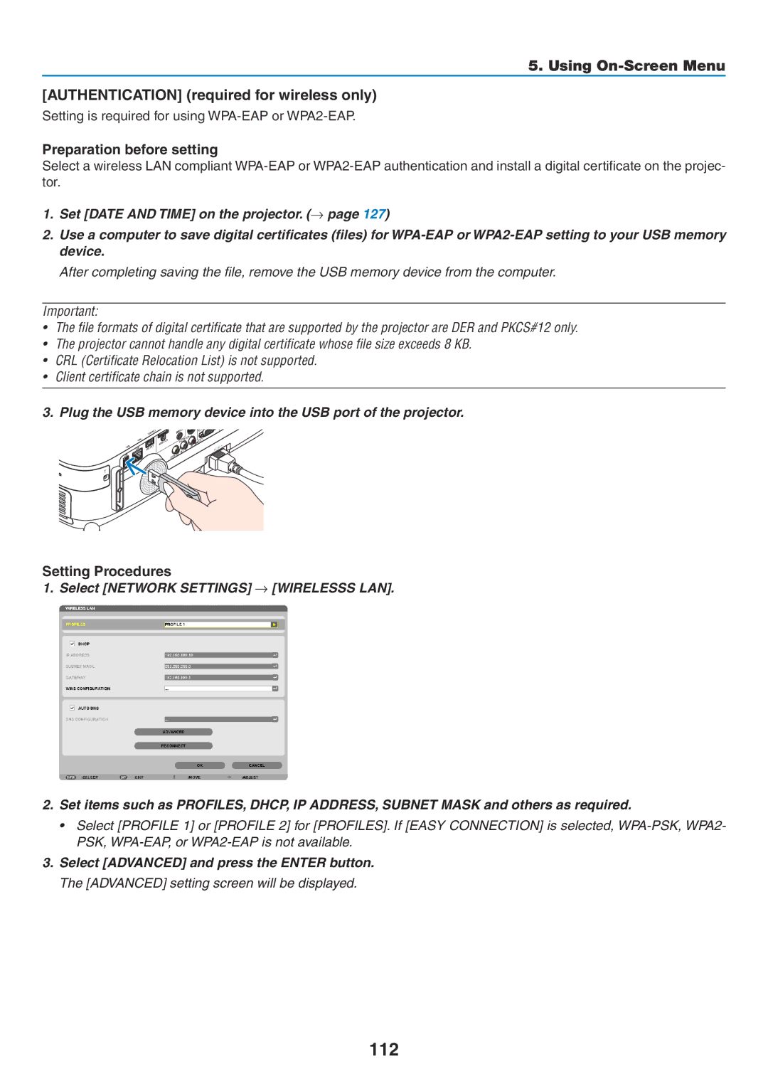 NEC NP-P350X 112, Preparation before setting, Setting Procedures, Setting is required for using WPA-EAP or WPA2-EAP 