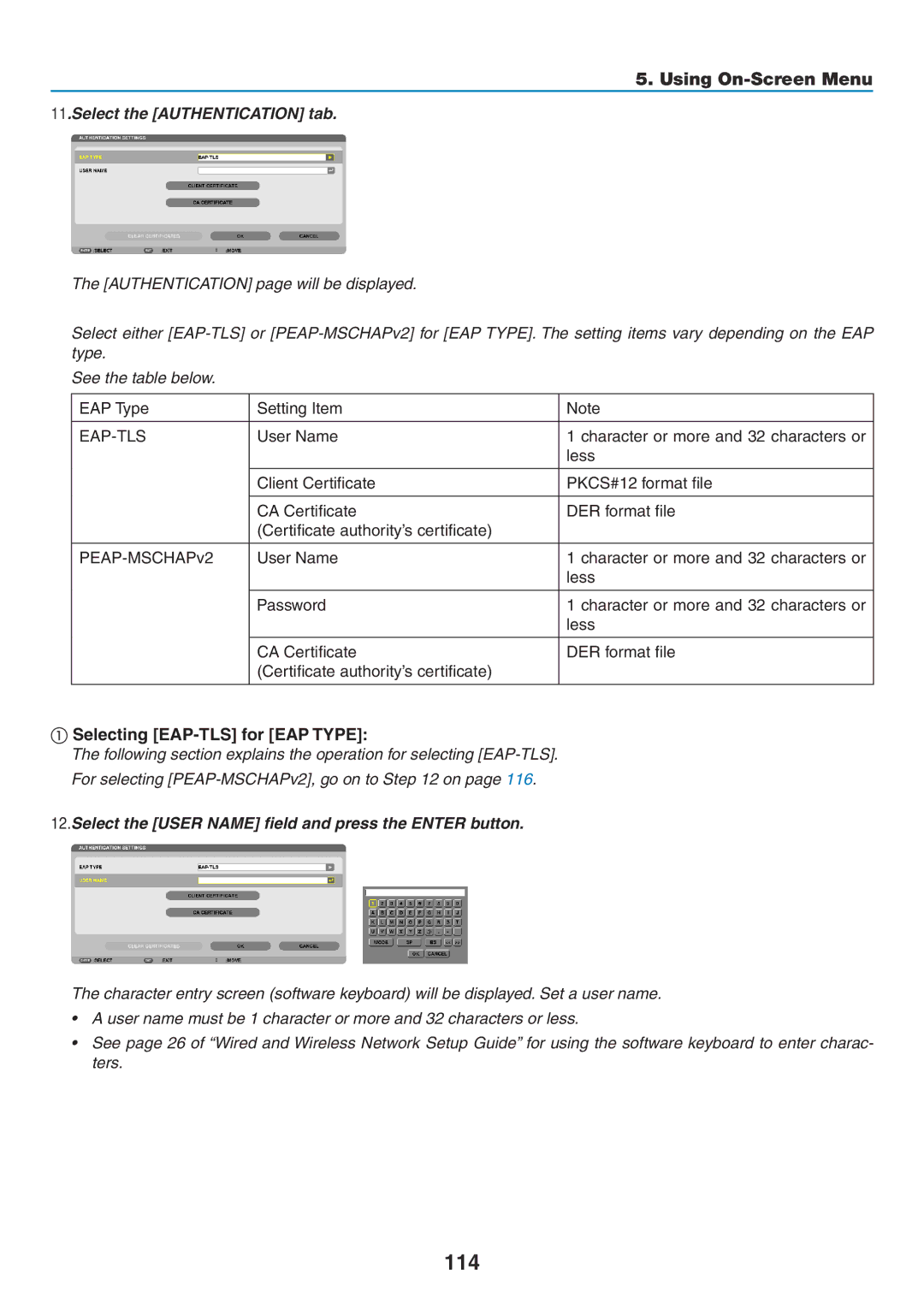 NEC NP-P420X, NP-P350X, NP-P350W user manual 114, ① Selecting EAP-TLS for EAP Type, Select the Authentication tab, Eap-Tls 