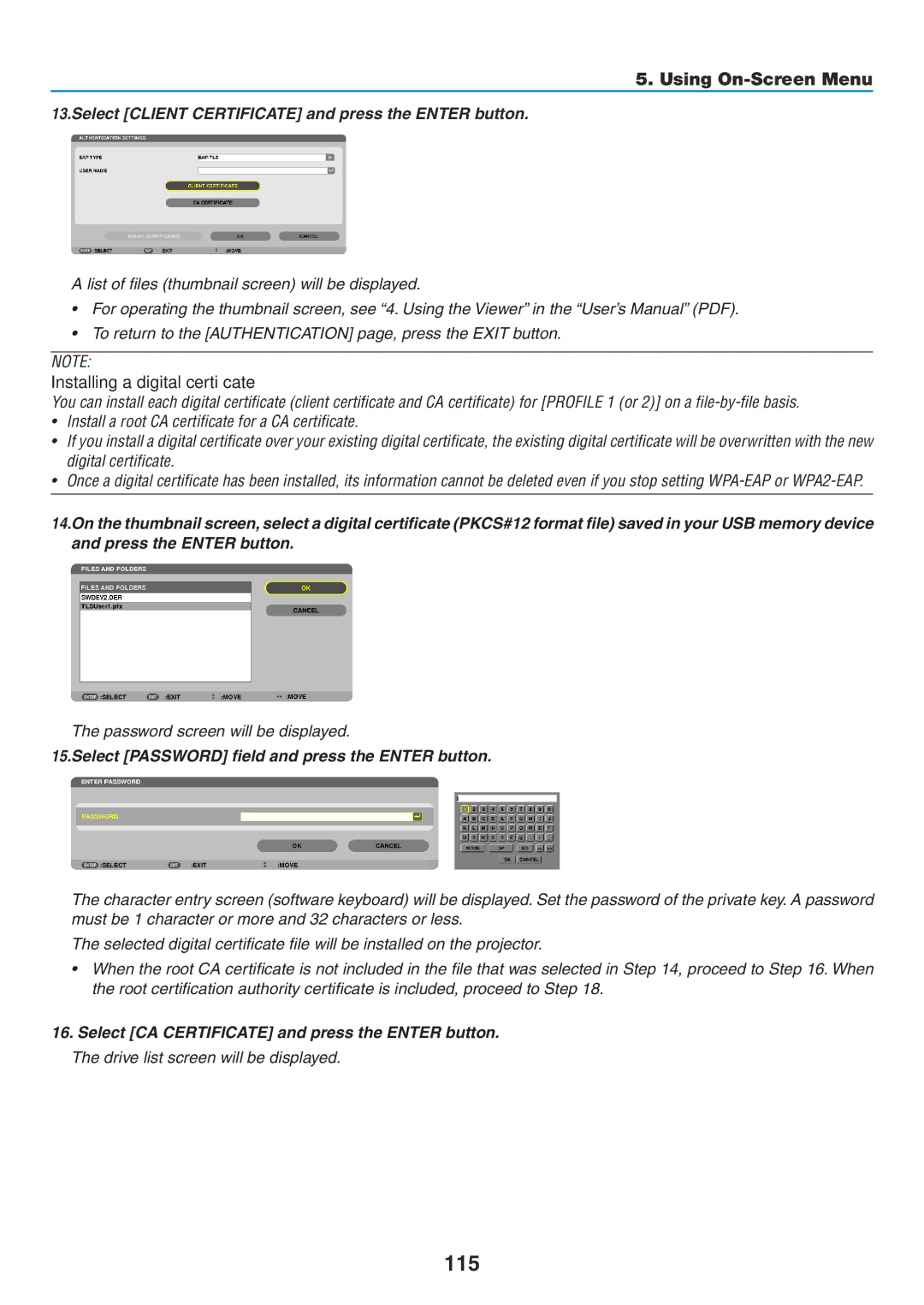 NEC NP-P350X, NP-P420X 115, Installing a digital certificate, Select Client Certificate and press the Enter button 