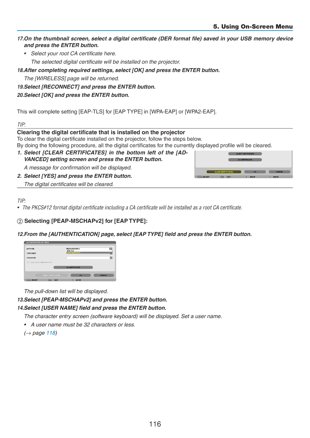 NEC NP-P350W, NP-P420X, NP-P350X user manual 116, ② Selecting PEAP-MSCHAPv2 for EAP Type 