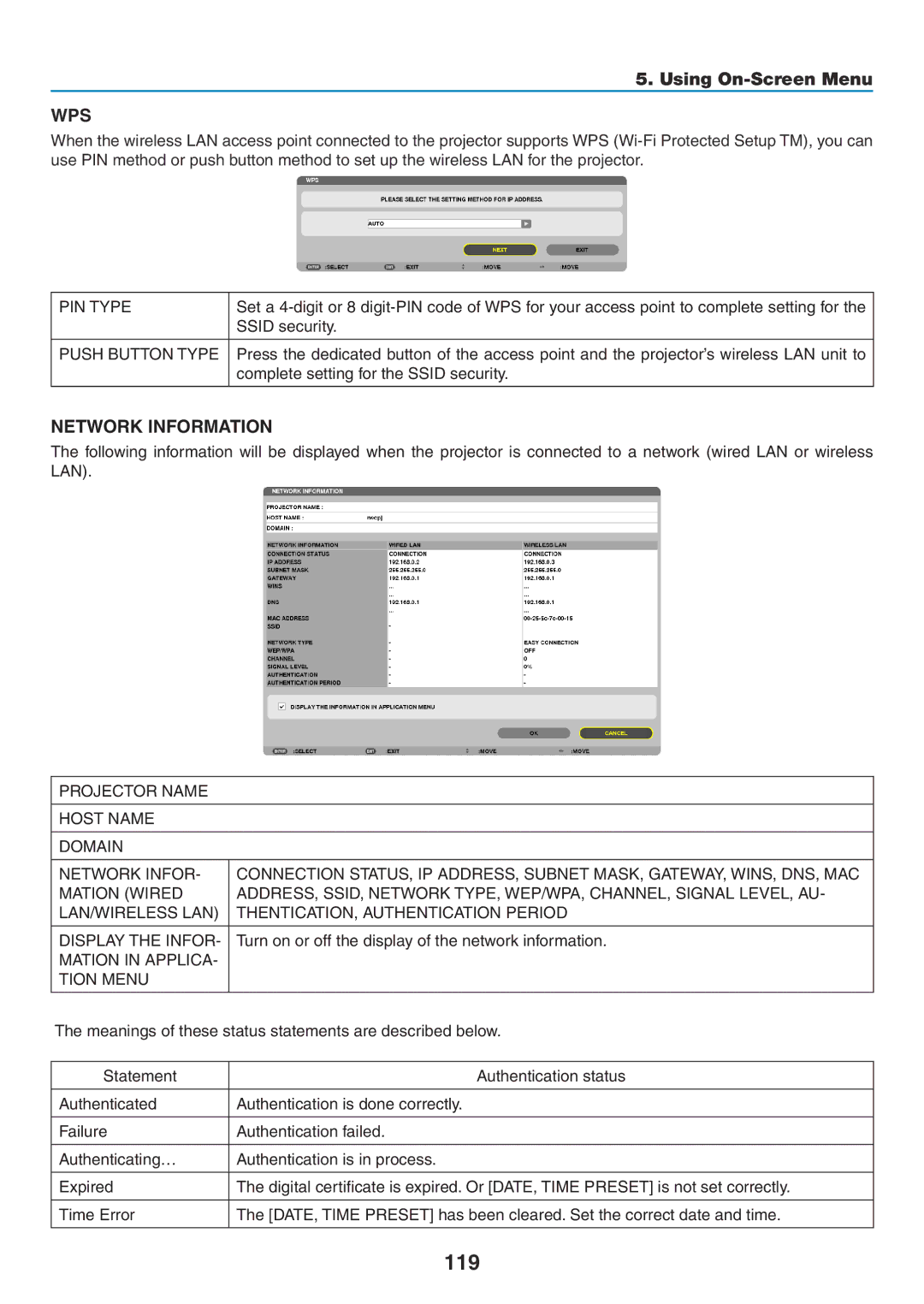 NEC NP-P350W, NP-P420X, NP-P350X user manual 119, PIN Type, Push Button Type, Mation in Applica Tion Menu 