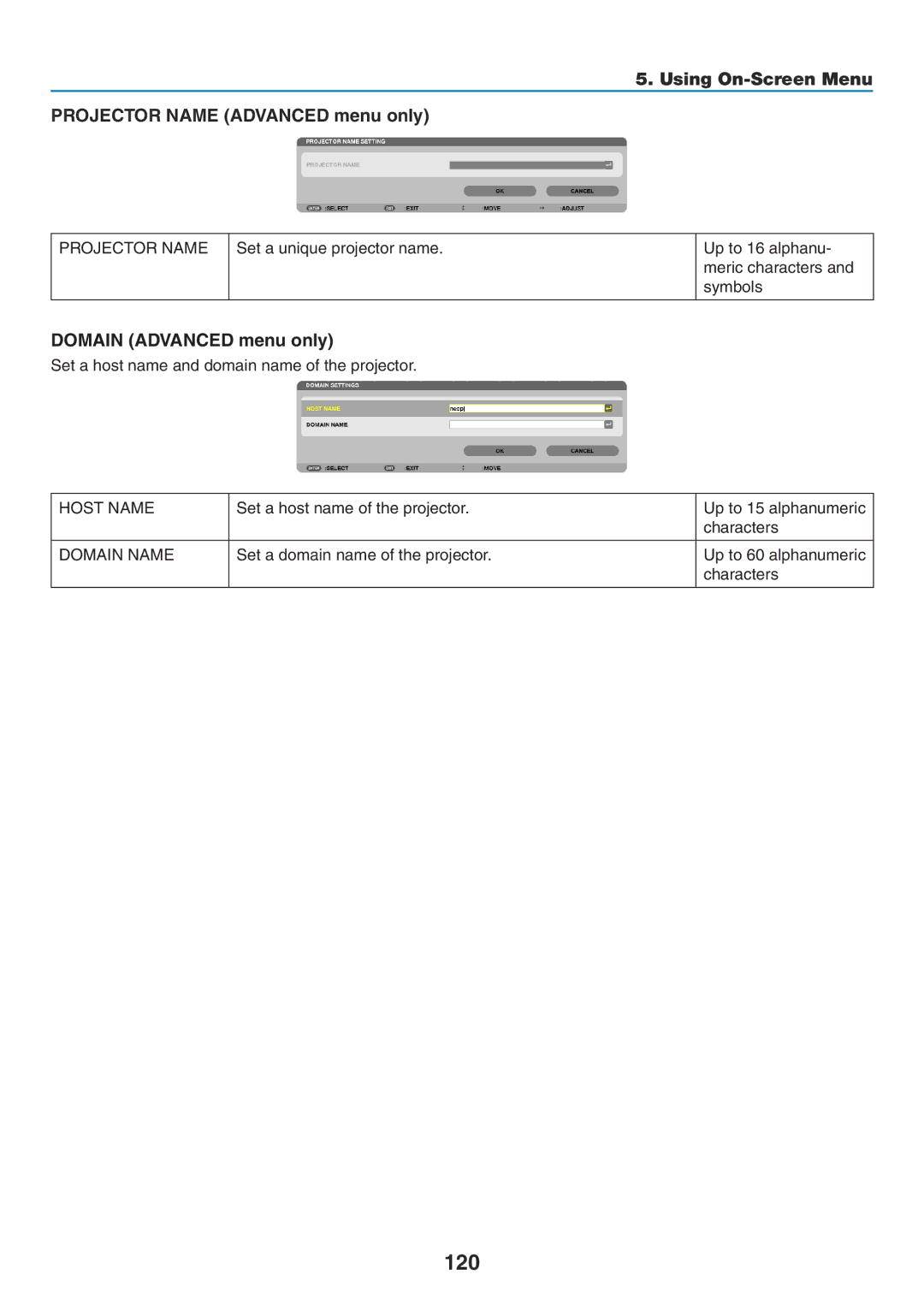 NEC NP-P420X, NP-P350X, NP-P350W 120, Using On-Screen Menu Projector Name Advanced menu only, Domain Advanced menu only 