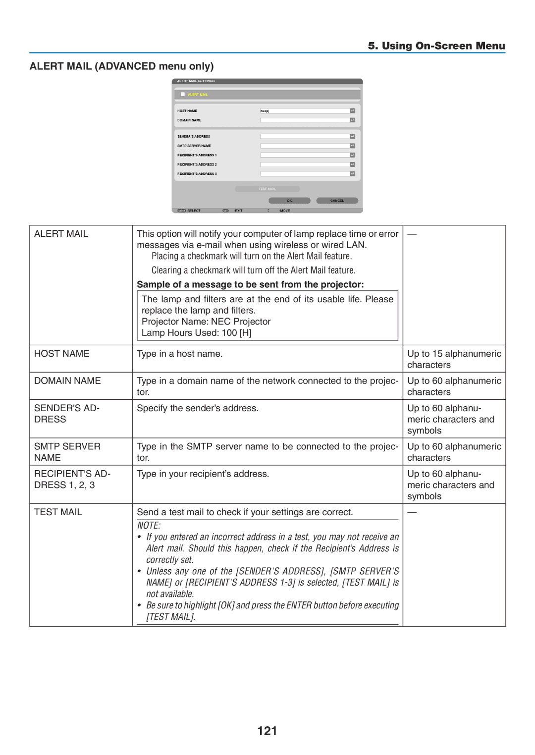 NEC NP-P350X 121, Using On-Screen Menu Alert Mail Advanced menu only, Sample of a message to be sent from the projector 