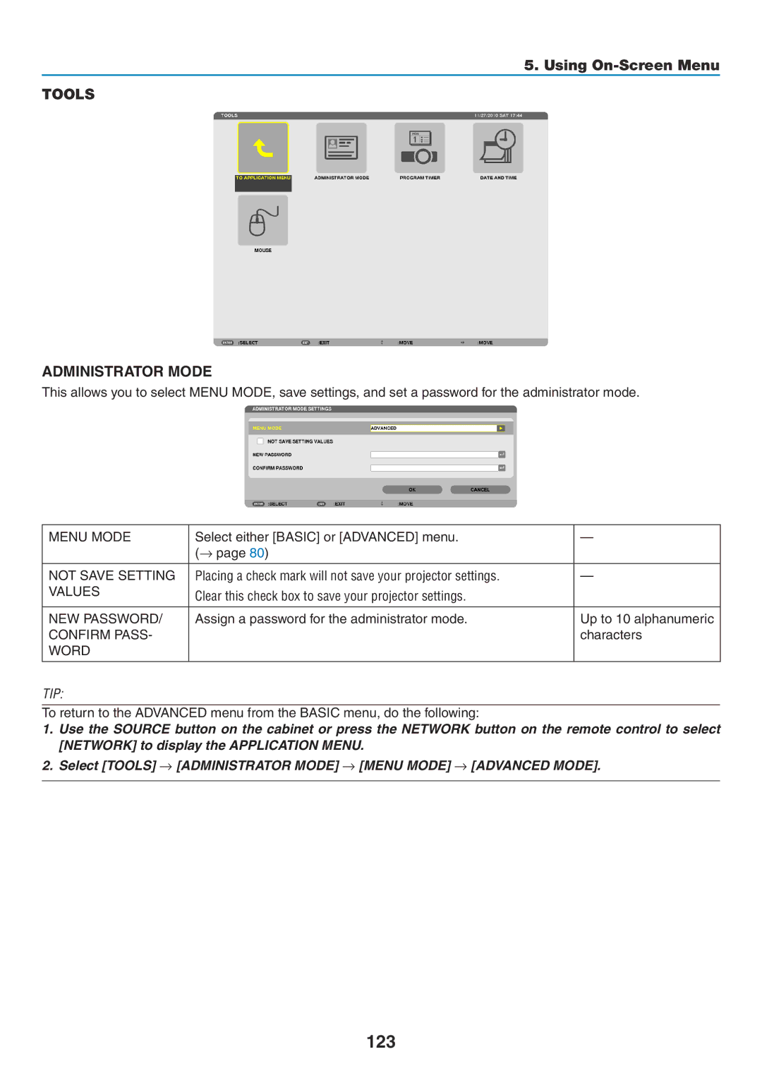 NEC NP-P420X, NP-P350X, NP-P350W user manual 123, Tools Administrator Mode 