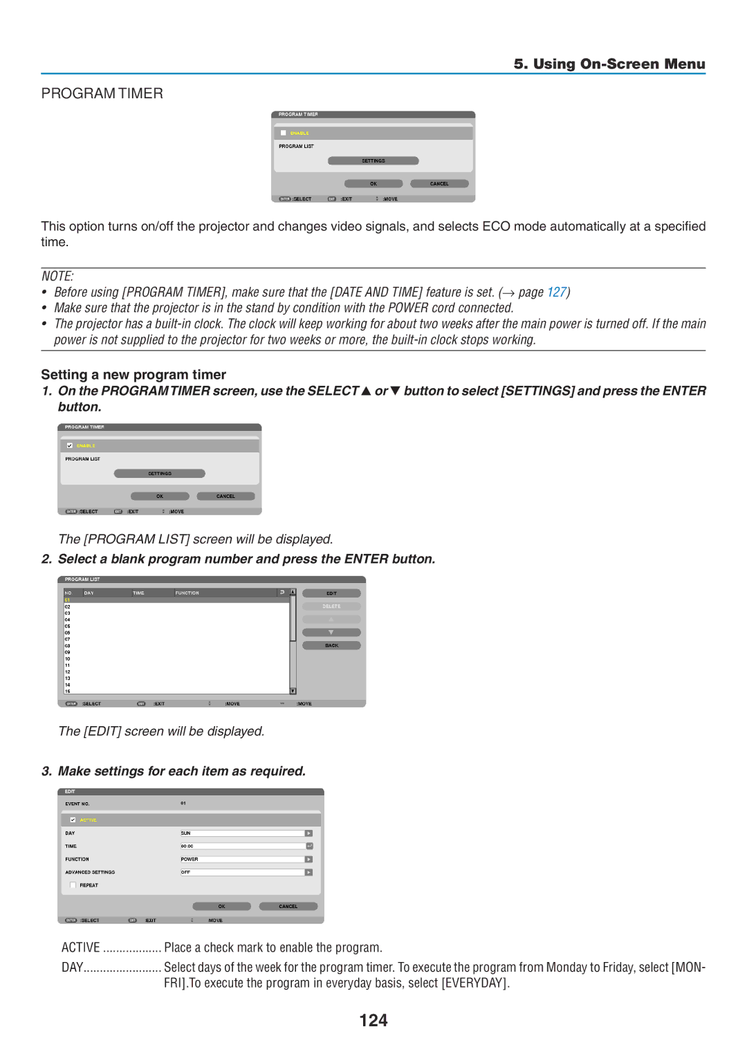 NEC NP-P350X, NP-P420X, NP-P350W 124, Setting a new program timer, Select a blank program number and press the Enter button 